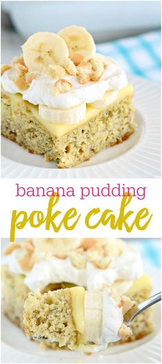 a banana pudding poke cake with whipped cream and bananas on top is shown in two separate images