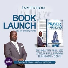 a flyer for a book launch with a man in a suit standing next to an open book