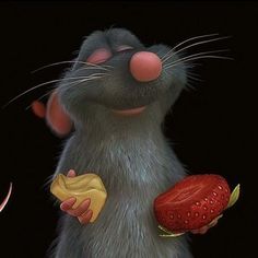 a cartoon mouse holding a strawberry and a piece of fruit