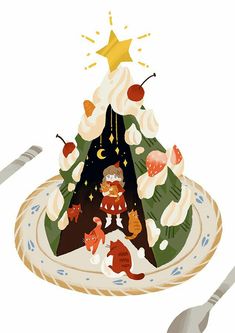 an illustration of a christmas tree on a plate