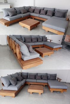 the couch is made out of wood and grey fabric