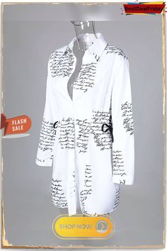 Letter Print Lace Up Detail Shirt Dress P3542270878 Casual Long Sleeve Shirt Dress For Party, Casual White Shirt Dress For Party, Spring Letter Print Button-up Shirt, Spring Button-up Shirt With Letter Print, Casual Collared Shirt Dress For Party, Spring Office Shirt With Graphic Print, Long Sleeve Letter Print Spring Dress, Long Sleeve Spring Dress With Letter Print, Casual White Printed Shirt Dress