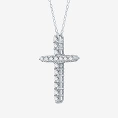 This Yes, Please! cross pendant necklace will be a chic welcome addition to your jewelry collection. Crafted from Sterling Silver, its features a cross pendant encrusted with Lab Created White Sapphire round-cut stones and it comes on a rope chain. Style with all your favorite outfits or gift it to loved ones. Features: Religious Jewelry, In A Gift BoxJewelry Closure: Spring Ring ClaspLink Construction: SolidSetting: ProngShape: CrossStone Cut: RoundMetal Color: WhiteChain Length: 18 InchPendant White Cross Pendant Necklace With Clavicle Chain, White Cross Necklace With Clavicle Chain, White Cross Necklace With Medium-length Chain, White Cross Necklace, Sterling Silver Cross Pendant, Silver Cross Pendant, Sterling Silver Cross, Cross Pendant Necklace, Religious Jewelry