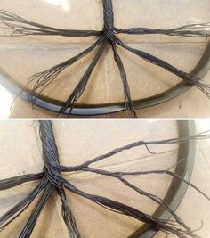 two pictures of wire wrapped around the bottom of a glass bowl, and one has been placed