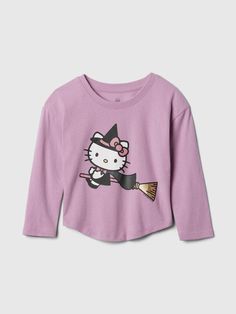 Soft cotton-blend graphic T-shirt.  Crewneck.  Long sleeves.  Curved hem.  Hello Kitty Halloween graphic at front.  This graphic T-shirt is made with 40% recycled polyester.  Compared to virgin materials, using recycled materials helps to reduce resource use and waste.  Straight, easy fit.  Hits at the hip.  Sizes range from baby to toddler. Affordable Hello Kitty Graphic Tee, Cotton Hello Kitty Graphic Tee, Hello Kitty Print Cotton Graphic Tee, Hello Kitty Graphic Cotton Tee, Playful Hello Kitty Crew Neck T-shirt, Lavender Mist, Hello Kitty Halloween, Gap Kids, Baby Gap