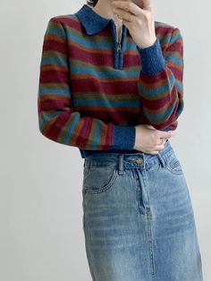 Cropped knitted sweater with a zip-up polo collar and cozy autumnal multicolored stripes. S/M: 15" across shoulders, 37" chest, 17" length Casual Multicolor Sweater With Ribbed Collar, Striped Polo Sweater For Fall, Casual Striped Polo Sweater For Fall, Fall Striped Collared Polo Sweater, Winter Striped Collared Sweater, Multicolor Ribbed Collar Sweater For Fall, Cropped Knitted Sweater, Polo Sweater, Shoe Gifts