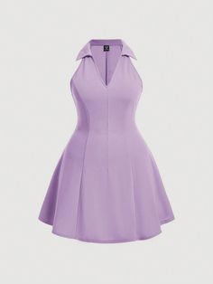 Plus Solid Backless Halter Neck Backless Dress Purple Elegant  Sleeveless Knitted Fabric Plain A Line Medium Stretch  Women Plus Clothing, size features are:Bust: ,Length: ,Sleeve Length: Halter Dress With Sleeves, Purple Dress Aesthetic, Fancy Short Dresses, Dress Aesthetic, Halloween 2024, Collar Dress, Kids Beachwear, Purple Dress, Dress Backs