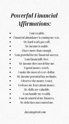 the financial affirmations are written in black and white on a piece of paper