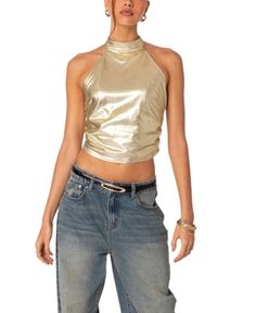 Edikted Karter Metallic Halter Top Gold Tops Outfit, Classic Mini Skirt, Night Fits, Halter Neck Crop Top, Mesh Corset, High Neck Halter, Crochet Crop, Swimwear Dress, Halter Neck Top