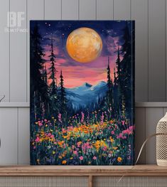 a painting on a wall with flowers and trees in the foreground, under a full moon