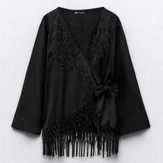 Kimono Style Top With V-Neck And Long Sleeves. Embroidered Details With Beads And Fringe. Front Tie Wrap Closure. Chest 20.1” 100% Polyester Black| 7200/231 #Ay Kimono Zara, Moda Kimono, Kimono Style Tops, Blouses Vintage, Kimono Shirt, Embroidered Kimono, Black Kimono, Bow Shirts, Shirt Blouses Tops