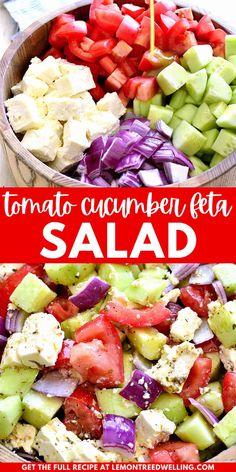 tomato, cucumber and feta salad in a bowl with text overlay