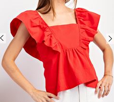 Turn up the sweetness with our Candy Ruffled Top! This solid tomato red top features short sleeves, a square neckline, and smocking in the back for a perfect fit. Plus, the elastic ruffled shoulders add a playful touch to any outfit! (Warning: may cause excessive compliments!) 100% Cotton Graphic Tee Dress, Ruffled Top, Ruffled Sleeves, Red Top, Turn Up, Ruffle Top, Tee Dress, Dress Romper, Blouse Top