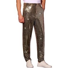 Material: Polyester Discover your ultimate festival look with Venga Store's sequin pants. Perfect for standing out in any crowd, these dazzling pants offer a blend of comfort and style, making them a must-have for your festival wardrobe. Shop now and shine bright at every event with our stunning collection! Sequins Pants For Men's Party Shiny Sparkly Straight Leg Trousers Glamorous Shiny Summer Bottoms, Gold Pants For Night Out In Summer, Glamorous Metallic Sequin Pants, Gold Pants For Summer Party, Metallic Shiny Bottoms For Party Season, Gold Bottoms For Summer Festival, Glamorous Straight Leg Sequin Pants, Glamorous Sequin Straight Leg Pants, Fitted Bottoms For Party And Festivals