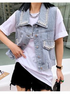 Women Denim Vest Luxury Pearls Fashion Autumn Jeans Cropped Jacket Sleeveless Loose Short Coat Causal Waistcoats Vest Fashion Autumn 2022, Autumn Jeans, Pearls Fashion, Jeans Cropped, Fall Jeans, Fashion Autumn, Hold Ups, Loose Shorts, Cropped Jacket