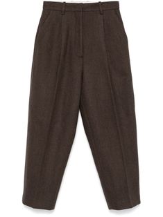 cedar brown wool blend concealed front button, hook and zip fastening belt loops two side slash pockets front pleat detailing pressed crease two rear welt pockets logo plaque to the back full-length tapered leg Yoko London, Wool Trousers, High Rise Pants, Ankle Length Pants, Tapered Pants, Exclusive Fashion, Helmut Lang, Lady Dior, Trousers Women