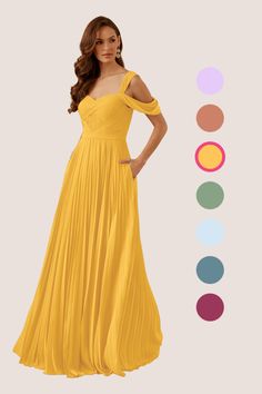 a woman in a long yellow dress standing next to an assortment of color swatches