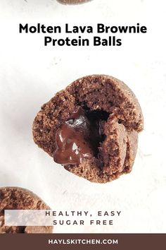 With that molten chocolate filling, these Protein Lava Brownie Bites you will fall in love with! With oat flour and coconut flour, and sweetened with protein powder, these chocolate brownie protein balls are gluten free, sugar free and Vegan too! The perfect dessert, snack or post workout treat. Brownie Protein Balls, Molten Chocolate, Molten Lava, Brownie Bites