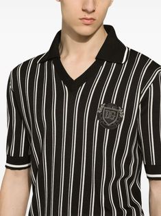 Dolce & Gabbana Striped Silk Polo t-shirt - Farfetch Classic Black Tops With Striped Cuffs, Black Collared Tops With Contrast Stripes, Black Collared Tops With Striped Cuffs, Black Collared Top With Striped Cuffs, Classic Black Polo Shirt With Striped Collar, Classic V-neck Top With Striped Collar, Designer Short Sleeve Tops With Ribbed Collar, Designer Short Sleeve Top With Ribbed Collar, Designer Black Polo Shirt With Ribbed Collar