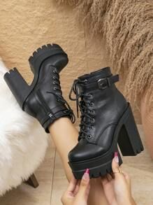 Women's Fashionable Boots Autumn Winter 2023 New British Style Motorcycle Short Boots With Chunky Heels, Versatile Waterproof Platform Thick High Heels Shoes | SHEIN USA Shoes Shein, Thick High Heels, Autumn Winter 2023, Platform High Heel Shoes, Roman Fashion, High Heels Shoes, Platform High Heels, Winter 2023, Winter Coats Women