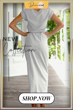 Casual Solid Neck Irregular Dresses Casual Fitted Midi Dress With High-low Hem, Casual Gray Dress With Asymmetrical Hem, Casual Solid Midi Dress With Asymmetrical Hem, Casual Solid Color Asymmetrical Midi Dress, Casual Solid Asymmetrical Midi Dress, Casual Asymmetrical Hem Dress, Casual Dresses With Asymmetrical Hem, Gray Cotton Casual Maxi Dress, Spring Maxi Dress With High-low Hem