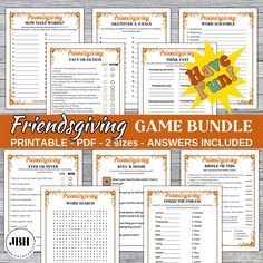 the printable game bundle for friends is shown in orange and white with an orange background