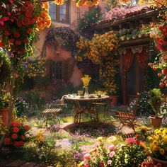 a table surrounded by flowers in front of a house