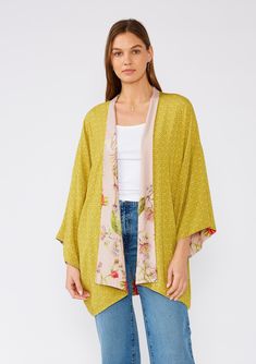 [Color: Rose/Green] Bohemian kimono in a pink floral print. Reversible cover up for the beach. Yellow Wrap Kimono For Spring, Green Oversized Kimono For Spring, Oversized Green Spring Kimono, Oversized Green Kimono For Spring, Green Spring Kimono For Loungewear, Green Spring Loungewear Kimono, Green Kimono For Spring Loungewear, Fall Brunch Kimono With Kimono Sleeves, Fall Brunch Kimono