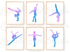 four watercolor ballet silhouettes in blue and pink