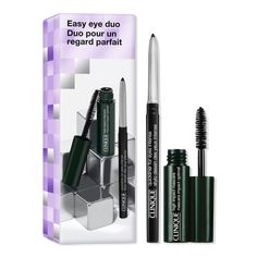 Easy Eye Makeup Mascara + Eyeliner Holiday Duo Gift Set - EASY EYE DUO (GRAB AND GO - HOL '24)BenefitsHigh Impact Mascara kicks up the volume and length of each and every lash. Buildable formula allows you to create the drama you want.Quickliner For Eyes Intense Eyeliner has all the intensity of liquid liner in a richly pigmented, automatic pencil. Twist up and glide on transfer-resistant color. Create a smoky eye look with the smudge tip on the opposite end.The Clinique Eye Safety Promise: Opht Intense Eyeliner, Easy Eye Makeup, Eye Makeup Set, Eye Safety, Simple Eye Makeup, Skincare Gift Set, Sodium Lauryl Sulfate, Sensitive Eyes, Liquid Liner