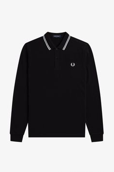 LONG SLEEVE TWIN TIPPED SHIRT (BLACK/WHITE) Long Sleeve Outfit Men, Polo Long Sleeve Outfit Men, Fred Perry Amy Winehouse, Laurel Wreath Embroidery, Long Sleeve Outfit, Fred Perry Shirt, Stile Casual Chic, Tennis Shirt, Twin Tips