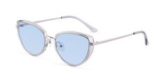 Women's transparent grey/silver cat-eye full-rim sunglasses frames with adjustable nose pads are available in variety of colors to match any outfit. These affordable qualified retro-vintage hipster geek-chic tinted sunglasses include free single-vision prescription light blue tinted lenses with AR and 100% UV protection, a case and a cleaning cloth. Metal bridges are their characteristics. They are lightweight and low bridge fit with bifocal and progressive supported. Part cat-eye, part butterfl Retro Silver Polarized Sunglasses, Silver Cat Eye Sunglasses With Uv Protection, Casual Silver Cat Eye Sunglasses, Trendy Silver Cat Eye Sunglasses, Retro Spring Sunglasses With Metal Frame, Retro Silver Sunglasses With Metal Frame, Silver Cat Eye Sunglasses With Metal Frame, Chic Silver Cat Eye Sunglasses With Tinted Lenses, Silver Tinted Sunglasses For Spring