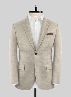 Embrace a classy aura with the Loro Piana Gemma Wool Silk Linen Suit, a luxurious and high-end addition to any man's wardrobe. Bespoke with premium materials including wool, silk, and linen, it offers a perfect balance of style, comfort, and quality. Its fabric is soft, breathable, and flows beautifully on the body. The color is a versatile and perennial shade of beige. With such a suit, you are guaranteed to look sharp and polished. Its elegance is matched only by its versatility and lasting appeal, making it a great choice for a formal event, business meeting, or special celebration.    A marriage of elegance and comfort, Loro Piana fabrics are made using the highest quality raw materials in the world, in their purest form or blended together. A sophisticated response to the dictates of Luxury Fitted Wool Sport Coat, Luxury Fitted Tweed Jacket With Welt Pockets, Luxury Fitted Single Breasted Tweed Jacket, Luxury Fitted Single-breasted Tweed Jacket, Luxury Fitted Tweed Jacket For Business Casual, Luxury Tailored Single-breasted Tweed Jacket, Tailored Luxury Tweed Jacket For Semi-formal Occasions, Luxury Tailored Tweed Jacket For Semi-formal Occasions, Luxury Fitted Linen Tweed Jacket