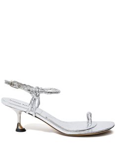 silver-tone calf leather metallic effect single toe strap buckle-fastening ankle strap branded leather insole sculpted heel Metallic Pointed Toe Sandals With Heel Strap, Metallic Sandals With Heel Strap And Pointed Toe, Metallic Sandals With Padded Heel And Pointed Toe, Metallic Heels With Heel Strap And Single Toe Strap, Metallic Single Toe Strap Leather Heels, Metallic Leather Heels With Single Toe Strap, Silver Sandals With Sculpted Heel For Spring, Spring Silver Sandals With Sculpted Heel, Metallic Leather Ankle Strap Sandals