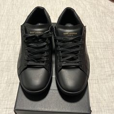 Excellent Condition Classic Black Sneakers With Leather Sole, Black Business Sneakers With Leather Sole, Black Leather Sole Sneakers For Business, Black Plain Toe Sneakers With Leather Sole, Designer Sneakers With Branded Insole, Luxury Black Plain Toe Sneakers, Luxury Streetwear Sneakers, Masculine Black Low-top Sneakers, Designer Low-top Sneakers For Business