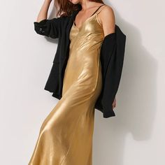 From Free People Website -- Forever-Flattering And So Femme, This Sleek Slip Dress Is Featured In A Maxi-Length And Slinky Fabrication With A Shiny Finish And Bold Open-Back. New With Tags. Never Worn. Chic Metallic Slip Dress, Gold V-neck Slip Dress For Spring, Chic Metallic Slip Dress For Night Out, Gold Satin V-neck Slip Dress, Gold Fitted Maxi Length Slip Dress, Gold Fitted V-neck Slip Dress, Chic Gold Slip Dress With Bias Cut, Fitted Gold Slip Dress With Bias Cut, Gold Slip Dress With Bias Cut For Night Out