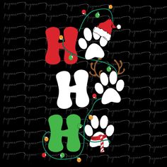 the word h is decorated with christmas decorations and dog paw prints on a black background