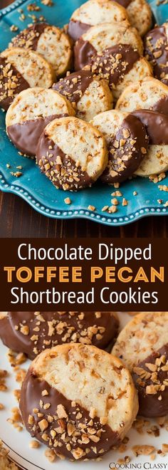 chocolate dipped toffee pecan shortbread cookies on a blue plate with text overlay