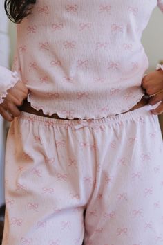 Pointelle Playsuit Romper – STARFIT 100% Cotton Clothing, Pointelle Pajama Set, Cute Stuff Aesthetic, Soft Pink Outfits, Cute Fabric Prints, Pajama Set Aesthetic, Coquette Pjs, Bow Pajamas, Coquette Pajamas