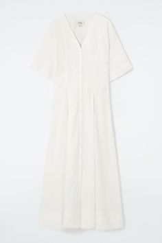 PLEATED A-LINE MIDI SHIRT DRESS - WHITE - Dresses - COS Yarn Spinning, High Waisted Briefs, Ankle Length Jeans, Drape Sleeves, Linen Midi Dress, Neck Piece, Midi Shirt Dress, White Shirt Dress, Midi Dress With Sleeves