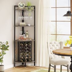 a wine rack in the corner of a dining room