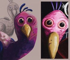 two paintings of birds with big eyes and long beaks, one in pink and the other in blue