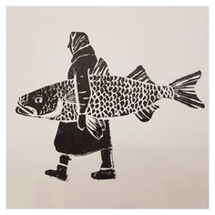 a drawing of a man walking with a fish on his back