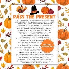 a thanksgiving poem with pumpkins and leaves on the bottom, which reads pass the present