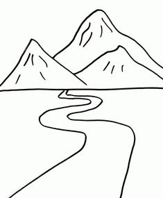 a black and white drawing of a river with mountains in the background