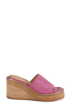 A shimmery woven strap adds a pop of color to a retro-chic sandal set on a stacked wedge heel. 3 1/4" heel; 1" platform Cushioned footbed Leather upper and lining/synthetic sole Imported Pink Synthetic Sandals With Woven Sole, Pink Sandals With Woven Sole, Spring Open Toe Woven Leather Wedge Sandals, Synthetic Wedge Sandals With Woven Sole And Open Heel, Spring Woven Leather Sandals With Wedge Heel, Spring Woven Leather Wedge Sandals, Summer Woven Leather Wedge Sandals, Summer Wedge Sandals With Woven Leather, Spring Pink Wedge Sandals With Woven Sole