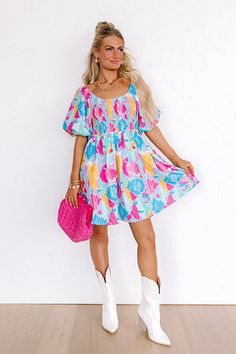 Candy Crush Smocked Mini Dress Smocked Mini Dress, Skirt Lining, Yellow Hues, Vibrant Style, Sweet Dress, Elevate Your Look, Colorful Abstract, Abstract Print, Puff Sleeves