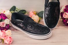 These sleek, slip on sneakers are hand-sequined in a bold black for a comfortable, classic look! They are very flexible to wear, easy to dress up or dress down. They are perfect for any occasion such as your wedding, prom, graduation, homecoming, dance competition, Halloween Costume, and more! * Made to order * Ships in approximately 14-24 business days * Made with high quality generic shoes * True to size * Fully customizable Need them sooner? Click here (https://www.etsy.com/listing/873781137/ Custom Vans Slip On, Sneakers For Bride, Wedding Sneakers For Bride, Shoes For Women Black, Sneakers Wedding, Casual Wedding Shoes, Fall Wedding Shoes, Black Canvas Shoes, Bridal Sneakers