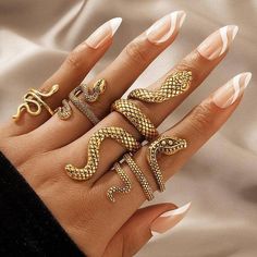 4 Pcs/Set Texture Snake Ring-Fashion Rings-StylinArts Long Snake, Serpent Ring, Snake Ring Silver, Snake Jewelry, Gothic Rings, Snake Design, Estilo Punk, Knuckle Rings, Style Punk