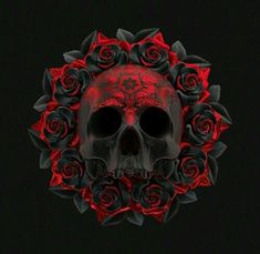 a skull surrounded by roses on a black background